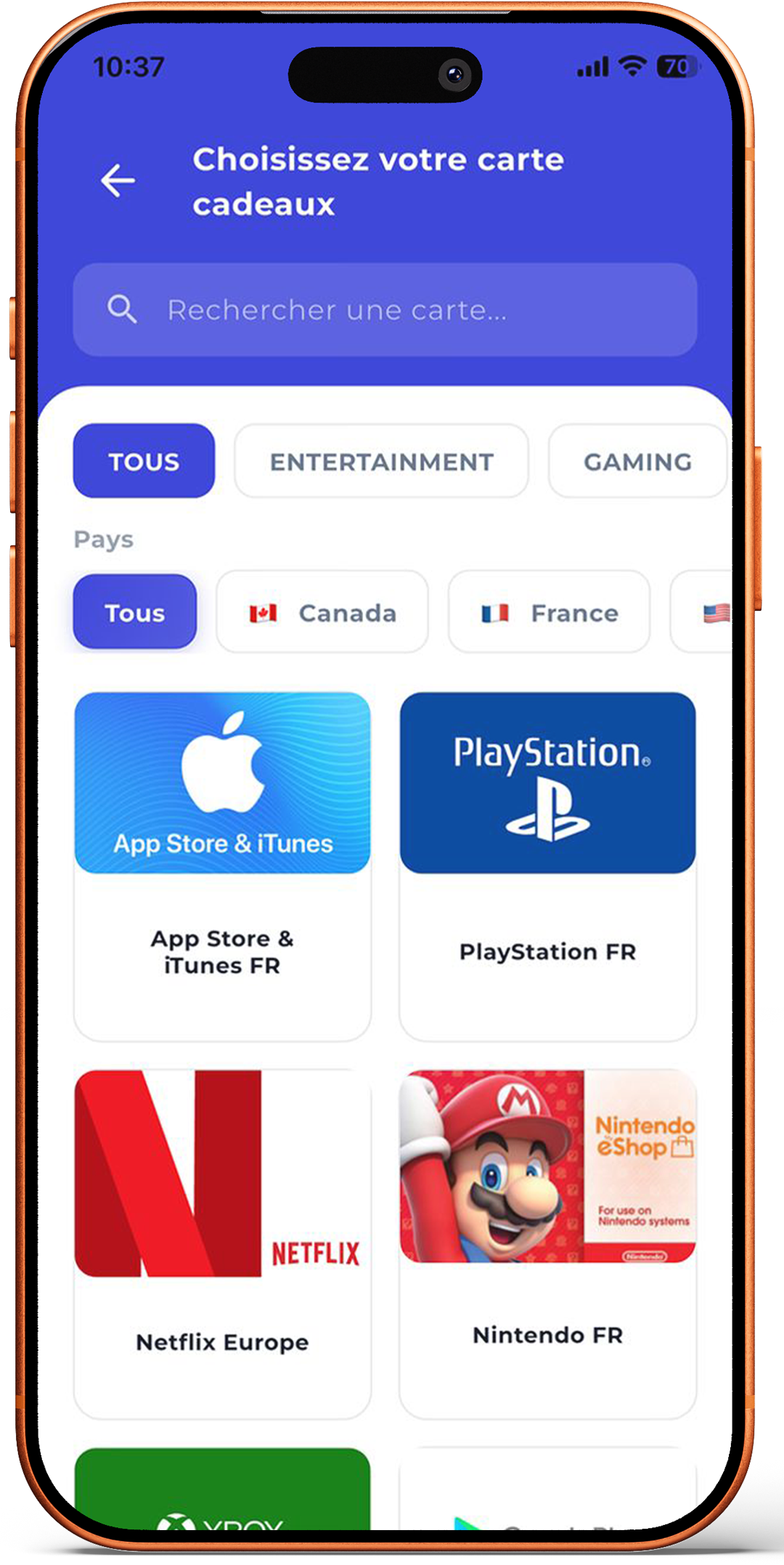 Cartes cadeaux dans l'app WalliSend